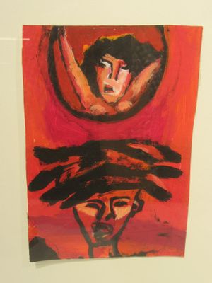 a picture of a painting of a woman with a bird on her head