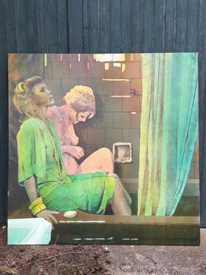 une photo d'une femme assise sur un banc à côté de toilettes