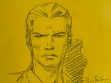 drawing of a man in a shirt and tie with a yellow background