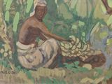 painting of two women picking bananas from a tree in a field