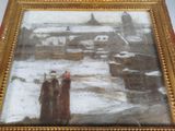 a picture of a painting of two people standing in the snow