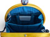 yellow and blue purse with a chain hanging from it ' s side
