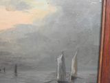 a painting of sailboats on the water with a sky in the background