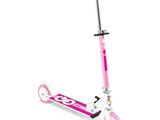 a close up of a pink scooter on a white background