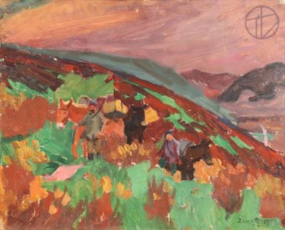 un tableau représentant un groupe de personnes à cheval sur une colline