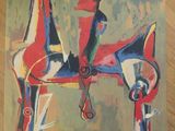 a poster of two people riding a horse on a wooden floor