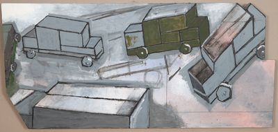 une peinture représentant un groupe de camions peints sur le mur