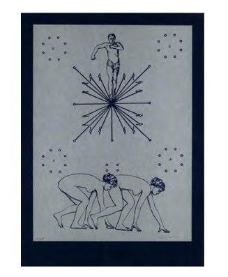 an image of a drawing of a man standing on a pole above a group of people