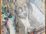 an image of a painting of a man sitting at a table reading a book