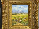 un tableau représentant un paysage avec un homme et une femme dans un champ