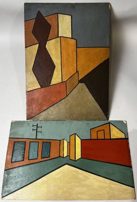 deux tableaux représentant un bâtiment et un autre bâtiment sur un fond blanc