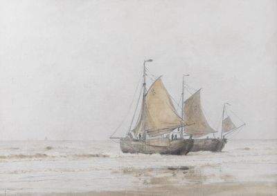 une peinture d'un bateau dans l'eau sur la plage