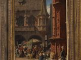 an image of a painting of a street scene with people outside of a building
