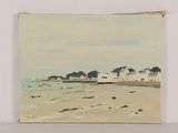 a painting of a beach scene with boats on the water