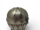 silver plated box with a domed lid on a white background