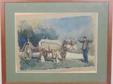 framed watercolor painting of a farmer with two oxen pulling a wagon
