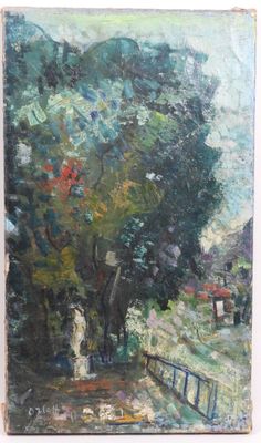 an oil painting of a tree and a bench in a park
