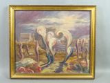 une peinture à l'huile représentant deux nus dans un paysage désertique
