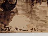a drawing of a man sitting on a bench in the rain