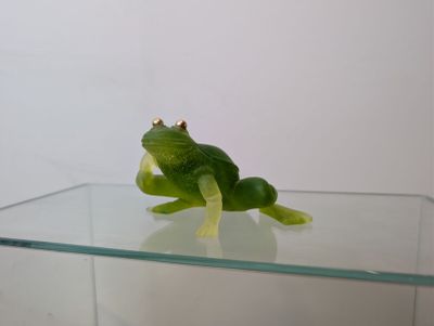 a green frog sitting on top of a glass shelf