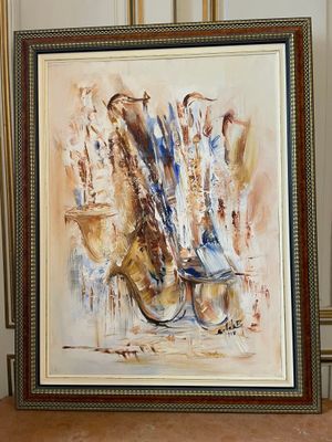 a picture of a painting of a saxophone on a table