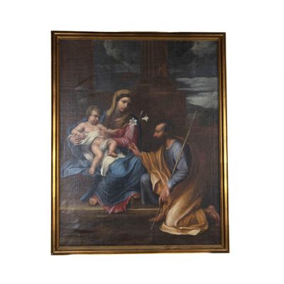 tableau représentant une femme tenant un enfant dans ses bras et un homme à genoux