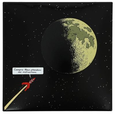 an image of a cartoon of a rocket flying past the moon