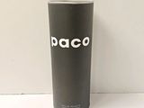 a black cup with the word paco on it sitting on a table
