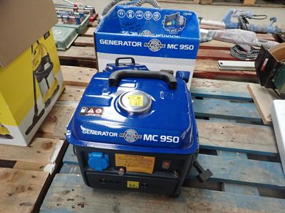a blue generator sitting on a pallet in a warehouse