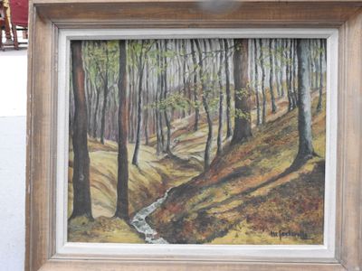 un tableau représentant un ruisseau traversant une forêt