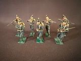 six figurines of soldiers in uniform with spears and spears