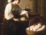 painting of a woman holding a baby in a basket next to a baby in a crib
