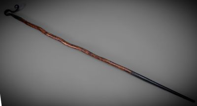 a close up of a cane with a wooden handle on a gray background