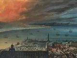 a picture of a painting of a volcano in the middle of the ocean