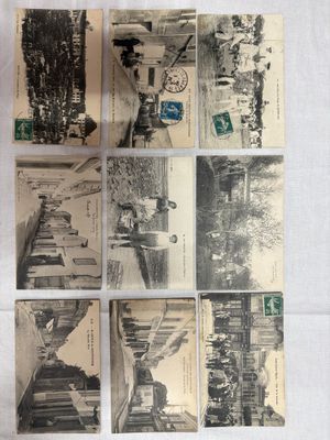 several old black and white photos of people on a street