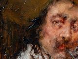 an oil painting of a man with a large hat smoking a cigarette