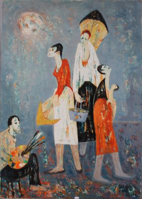 painting of a group of people with umbrellas on a beach
