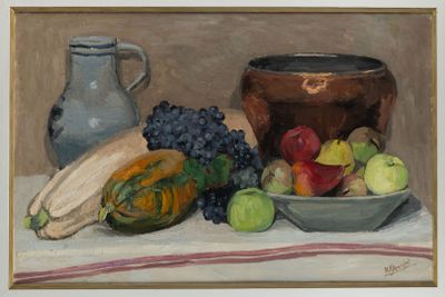 a painting of a bowl of fruit and vegetables on a table