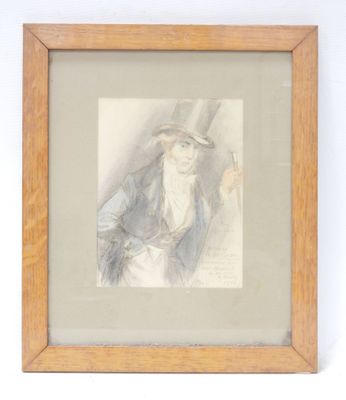 framed drawing of a man in a hat and coat holding a cane