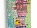 an abstract painting of a tower with a guitar on top of it