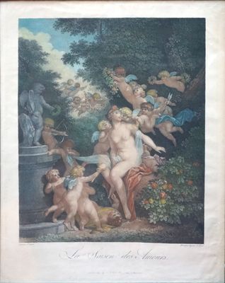 une gravure ancienne représentant un tableau où l'on voit un groupe de chérubins dans un jardin