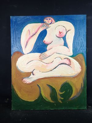 une peinture représentant une femme nue assise sur une chaise