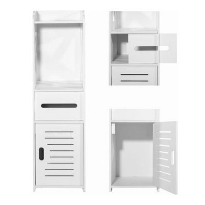four different views of a white cabinet with drawers