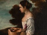 an oil painting of a woman standing next to a water well