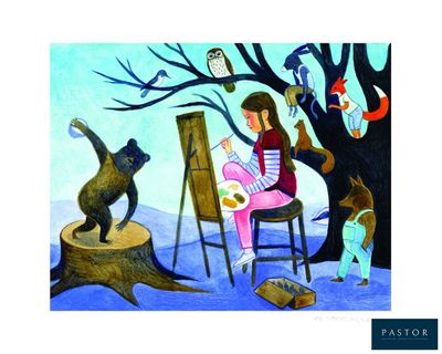 un tableau représentant une fillette assise sur une chaise, entourée d'animaux