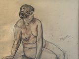 dessin représentant une femme nue assise par terre, les mains posées sur les genoux