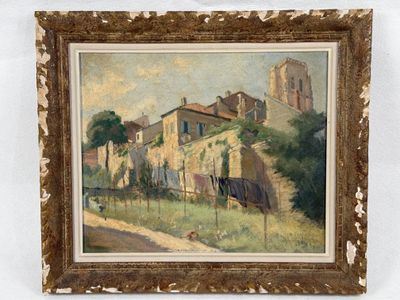 an image of a painting of a village on a hill