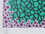 painting of a green and purple design with dots on a white background