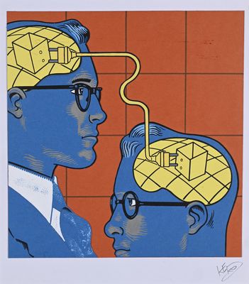 a picture of a man with a pineapple on his head and another man with glasses on his head