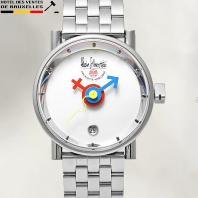 a close up of a wrist watch with a red and blue second hand